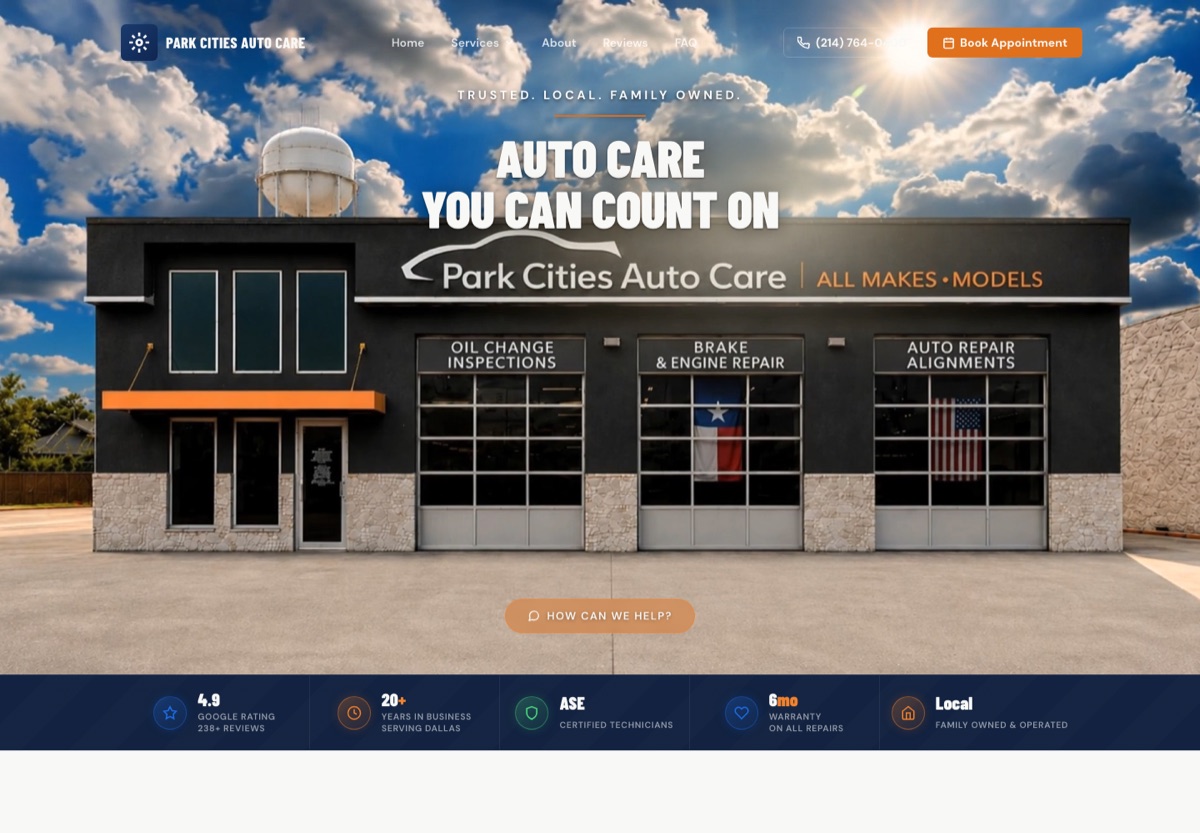 Website built by ShopPro AI for Park Cities Auto Care in Dallas, Texas